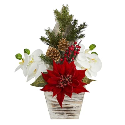 15" Poinsettia and Orchid Arrangement in Christmas Tree Vase