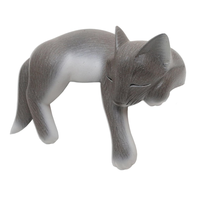 Wood statuette, 'Lounging Cat in Grey' - 4.7" H x 6" W x 3.1" D
