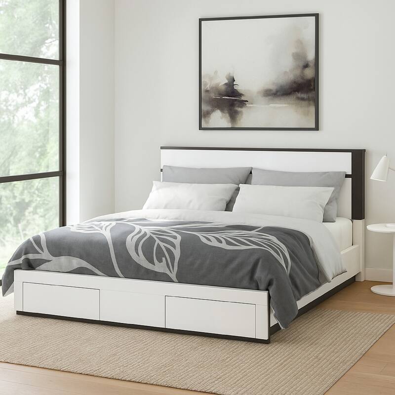 Kena King Size Bed, White Gray Panel Headboard, Low Profile Footboard