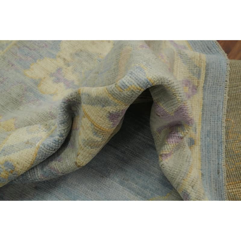 Vegetable Dye Blue Oushak Turkish Area Rug, Floral Geometric Carpet - 9' 10'' X 7' 11''
