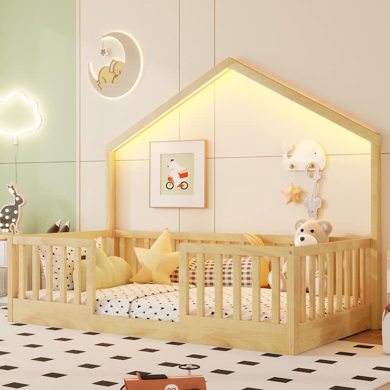 Twin Floor Bed with High Rails, Wooden Montessori Bed with Light for Kids, Boys and Girls, White - Natural