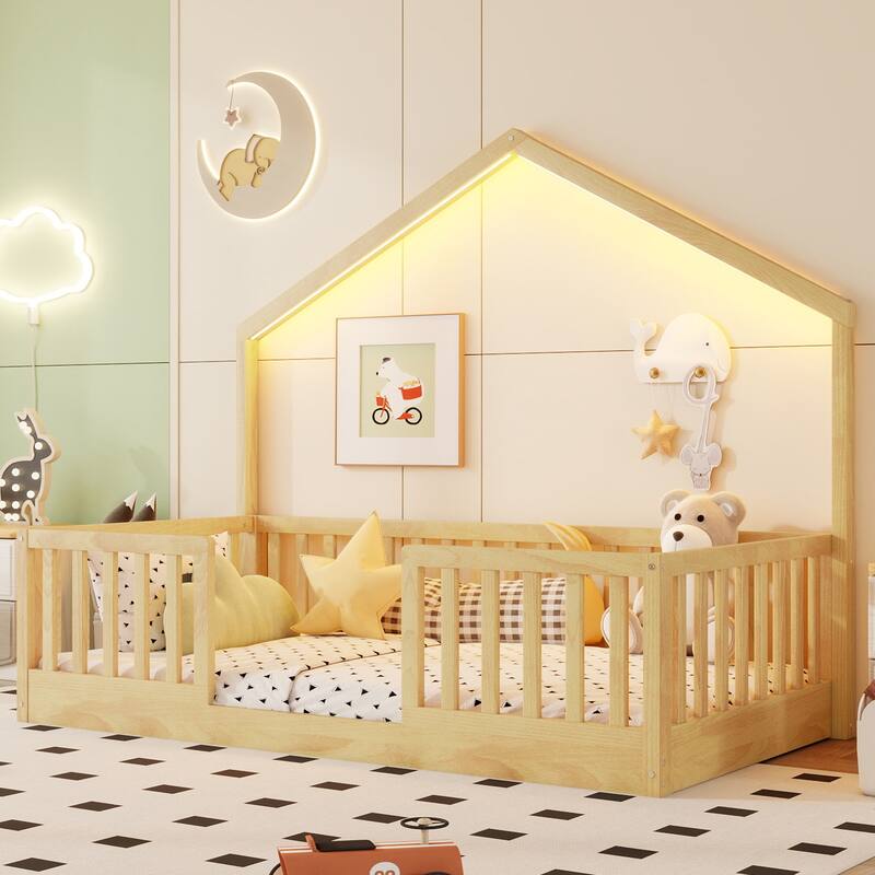 Wooden Floor Bed House-shaped Frame, Montessori Floor Bed with Light and High Rails, Wood Slat Support Floor Daybed