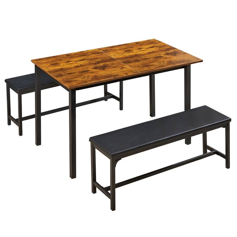 VECELO 3-Piece Dining Table Set with 2 Benches, 63" Extendable Kitchen Table & Chairs Set for 4-8, Dining Room Table