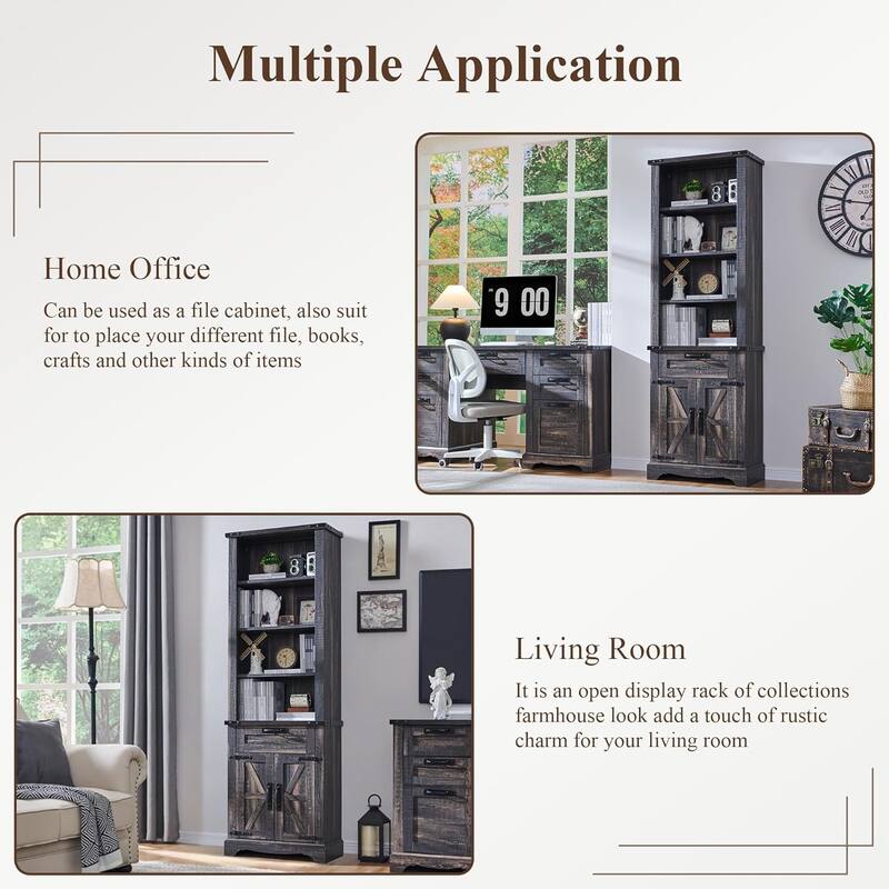 72" Tall Farmhouse Bookshelf, Bookcase, Office Wood Bookshelf
