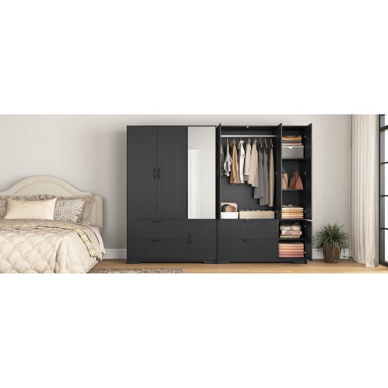 4 Doors Wardrobe Closet with Mirror, LED Wardrobe with Doors and 2 Drawers, Wooden Wardrobe Storage Cabinet with Hanging Rod