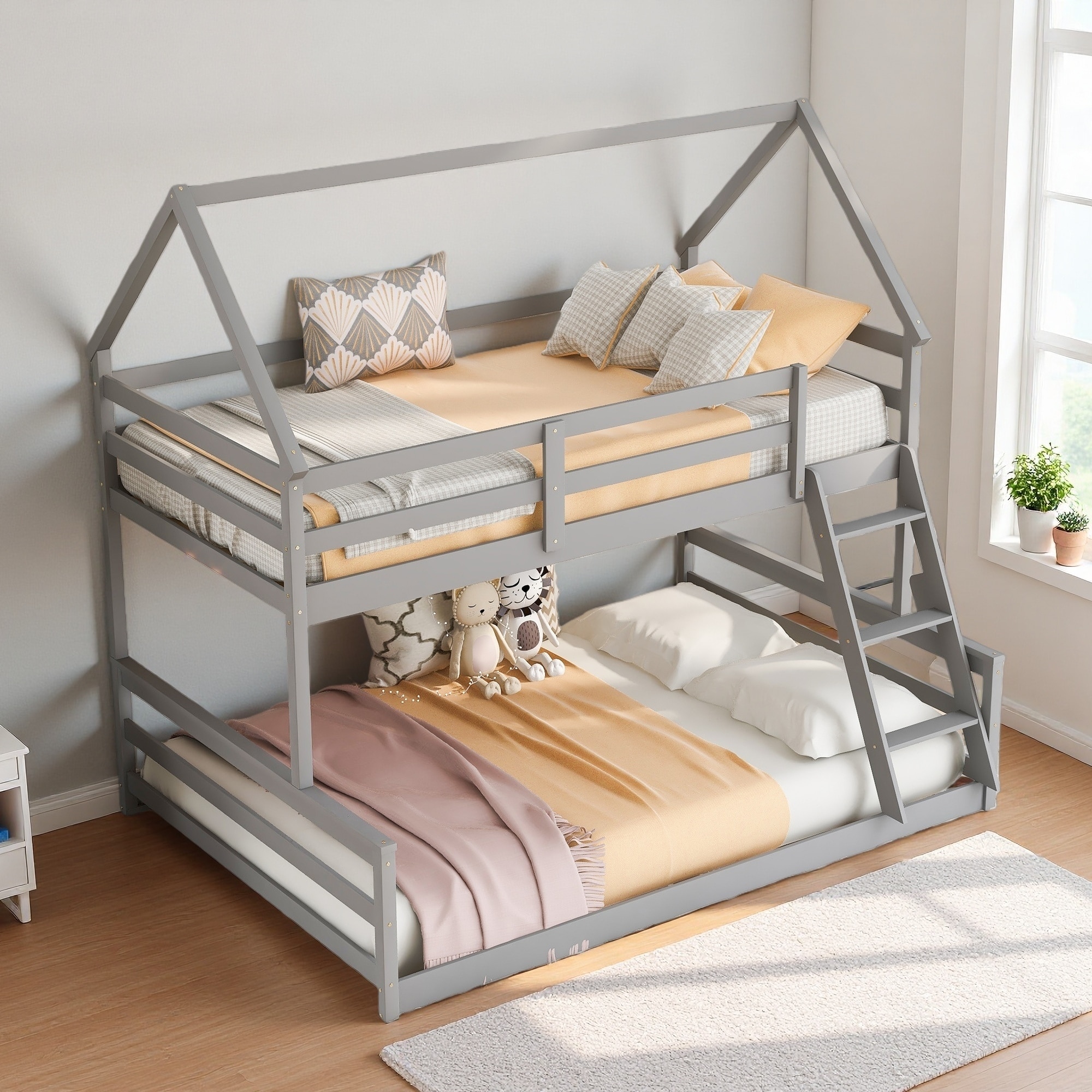 Twin over Full Pine Wood & MDF House Bunk Bed with Built-in Ladder, Convertible Design, Full-Length Guardrails, Space-Saving