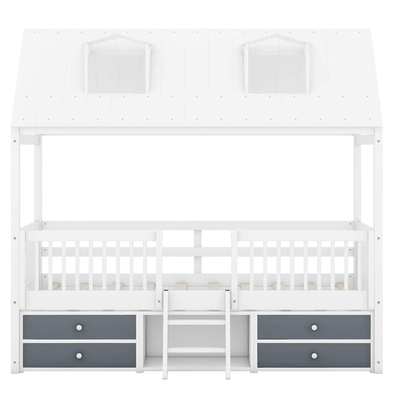 Twin/Full Size Wooden Platform Bed with 4 Drawers and Shelf, Pinewood House Bed Frame with Roof Skylights and Guardrail