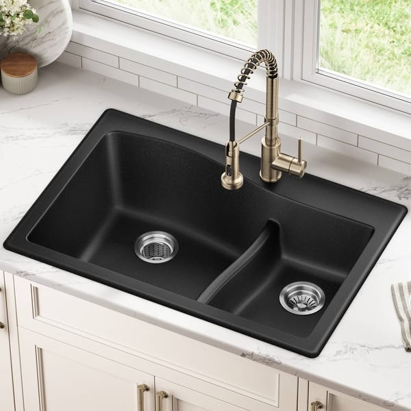 slide 2 of 35, KRAUS Quarza Granite 33 inch 60/40 Undermount Drop-in Kitchen Sink 33" L x 22" W (sink KGD-442BLACK) - Black