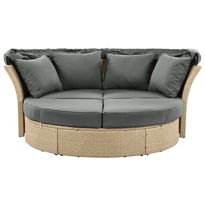 Wicker Rattan Outdoor Patio Double Daybed with Retractable Canopy and 4 Pillows, Convertible Loveseat/Sofa Set