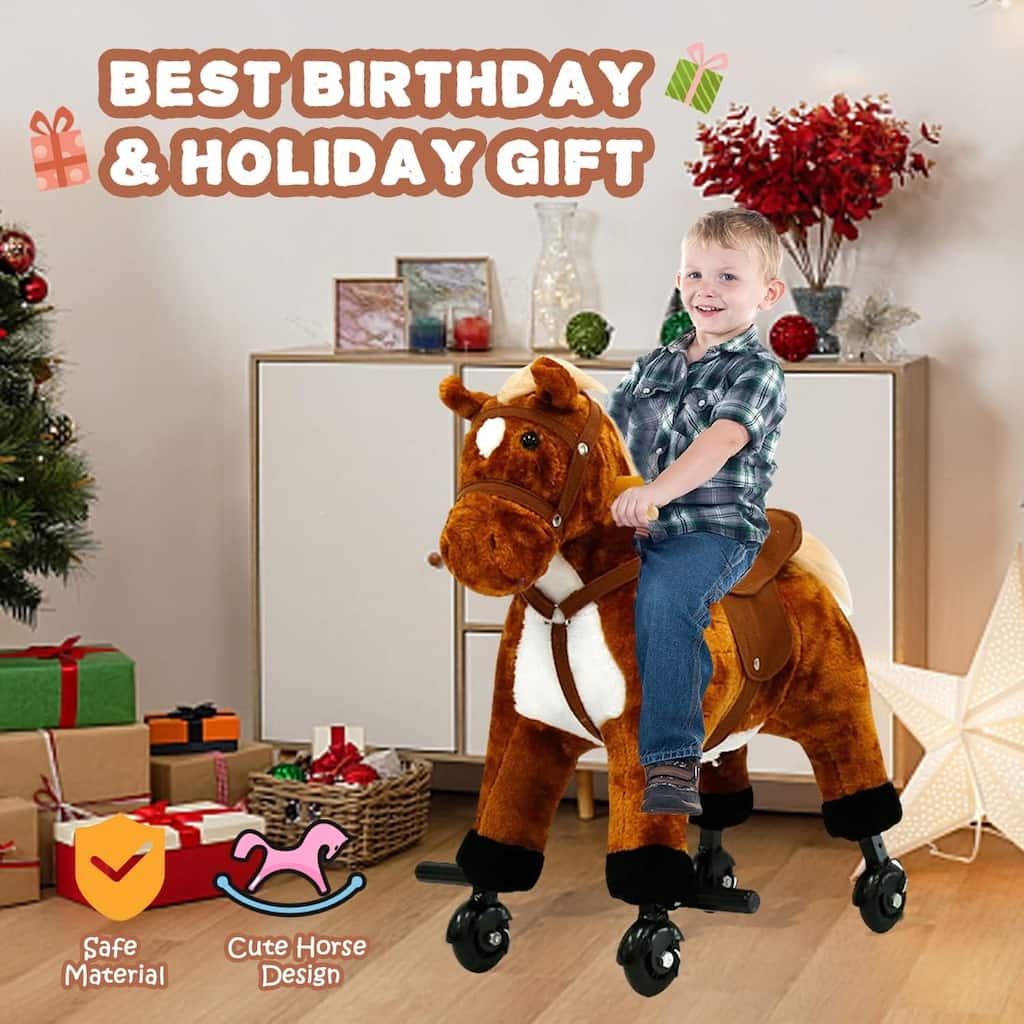 Kinbor Kids Plush Toy Rocking Horse - Walking Toddler Riding Toy Animal Rocker Brown Pony Ride on Plush with Wheels & Sound