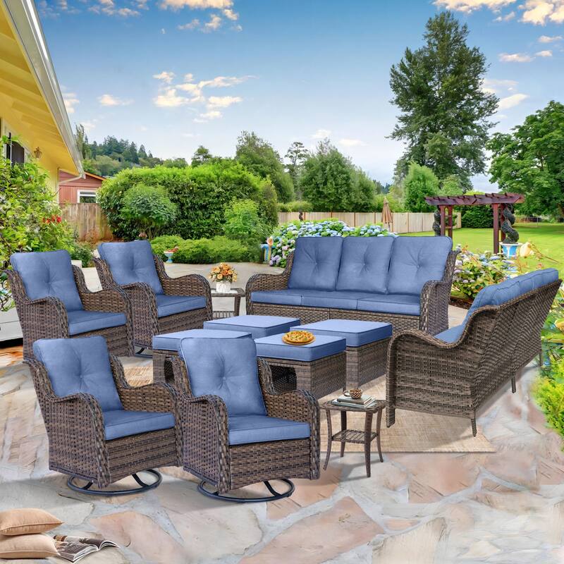 Wicker Outdoor Patio Furniture Seating Set with Swivel Rocker Chairs - 12 Piece - Denim Blue