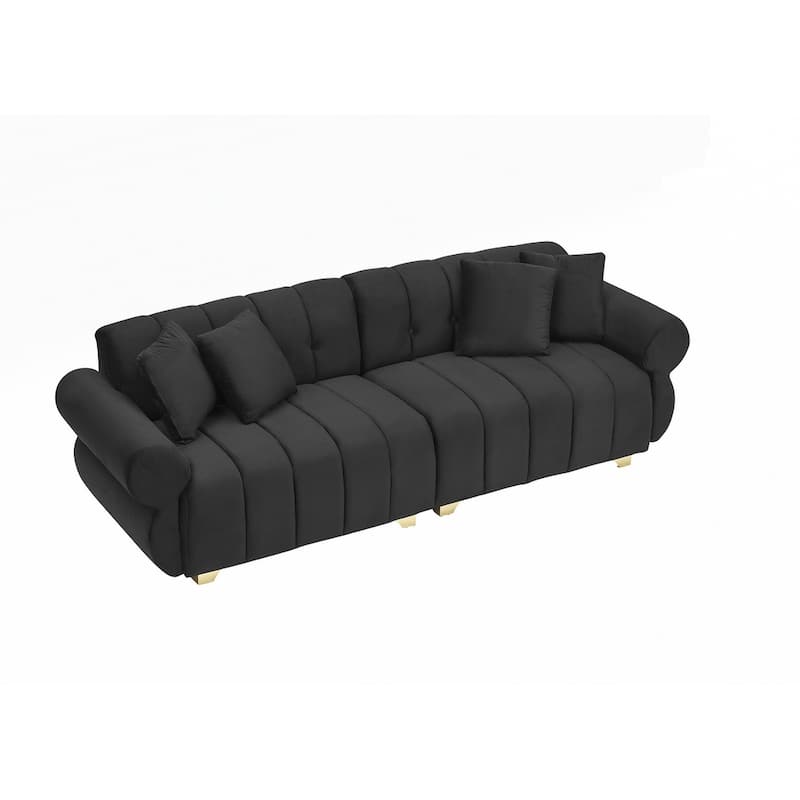 spring-wrapped Sofa cushions with stylish metal feet and 4 throw pillows