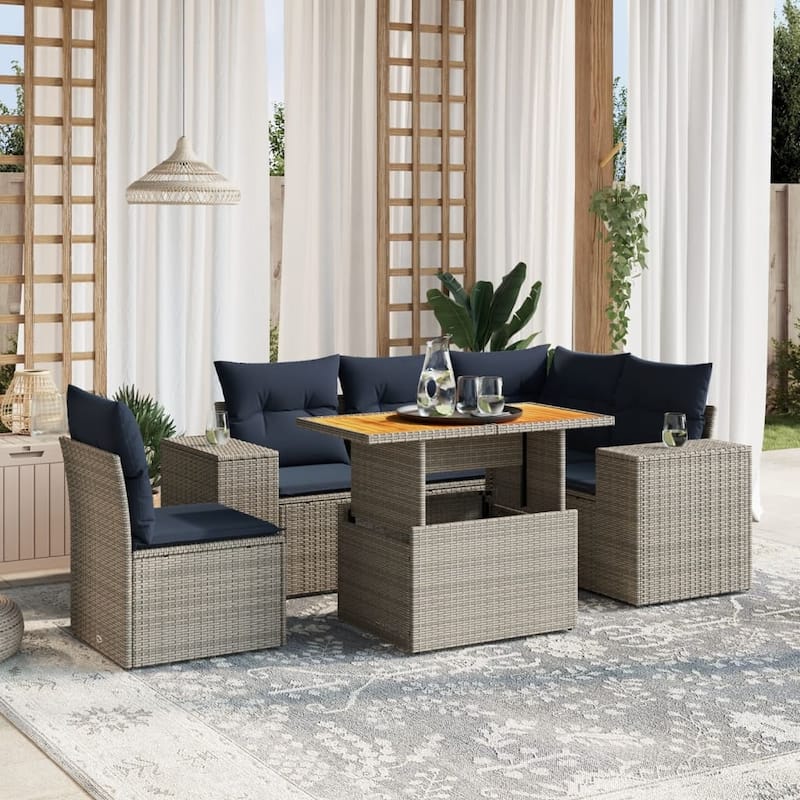 vidaXL Patio Sofa Set with Cushions Outdoor Furniture 6 Piece Poly Rattan - 24.4 x 24.4 x 27.2 - Grey-table+1x corner+2x middle