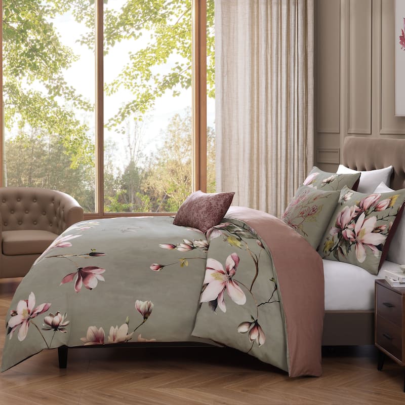 Bebejan Purple Lilies 200 Thread Count 100% Cotton Sateen 5 Piece Reversible Comforter Set