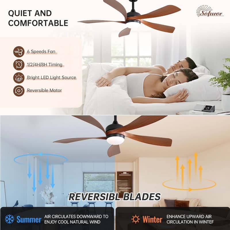 45 Inch / 52 Inch White Ceiling Fan with Dimmable LED Light and Remote, 6-Speed Reversible DC Motor, ABS Blades