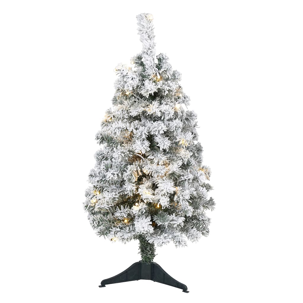 3ft. Flocked Spruce Artificial Christmas Tree with 50 Clear LED Lights - Compact Snowy Holiday X-Mas Accent