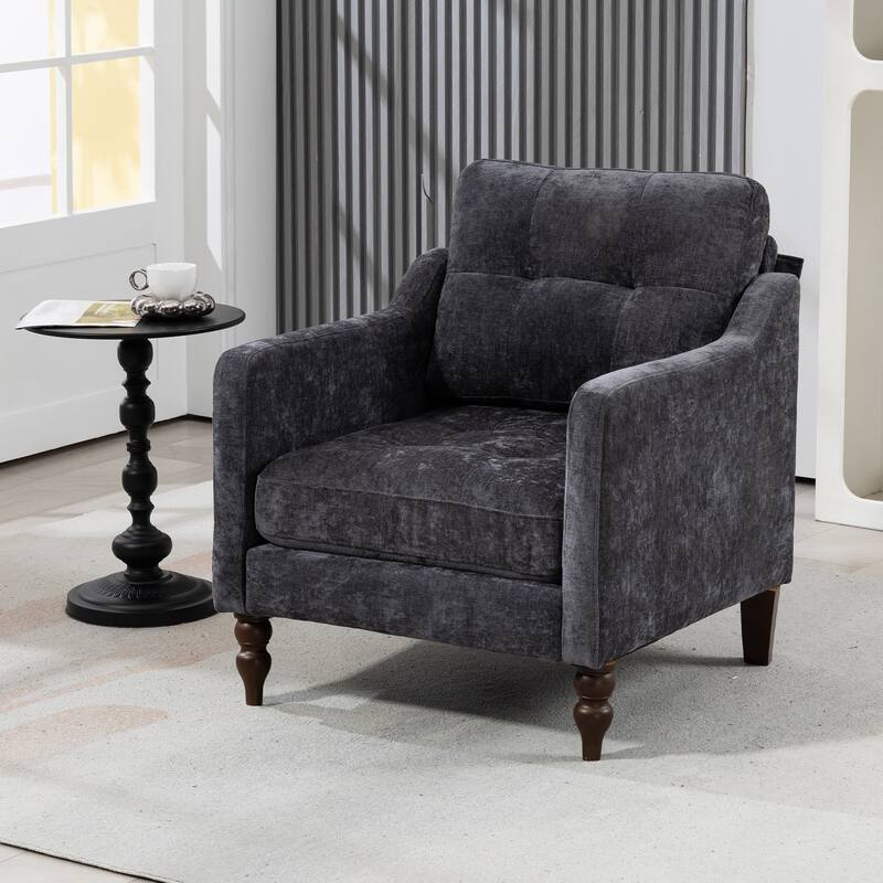 Accent Comfy Chenille Chair w/USB charging port,High-support Sponge,Wide Backrest, Upholstered Arm Chair w/Side Storage - Grey