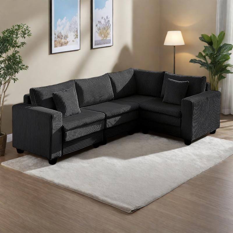 98" Corduroy L-Shaped 3-Seater Sectional Sofa with Deep Seat and Modular Design - Black