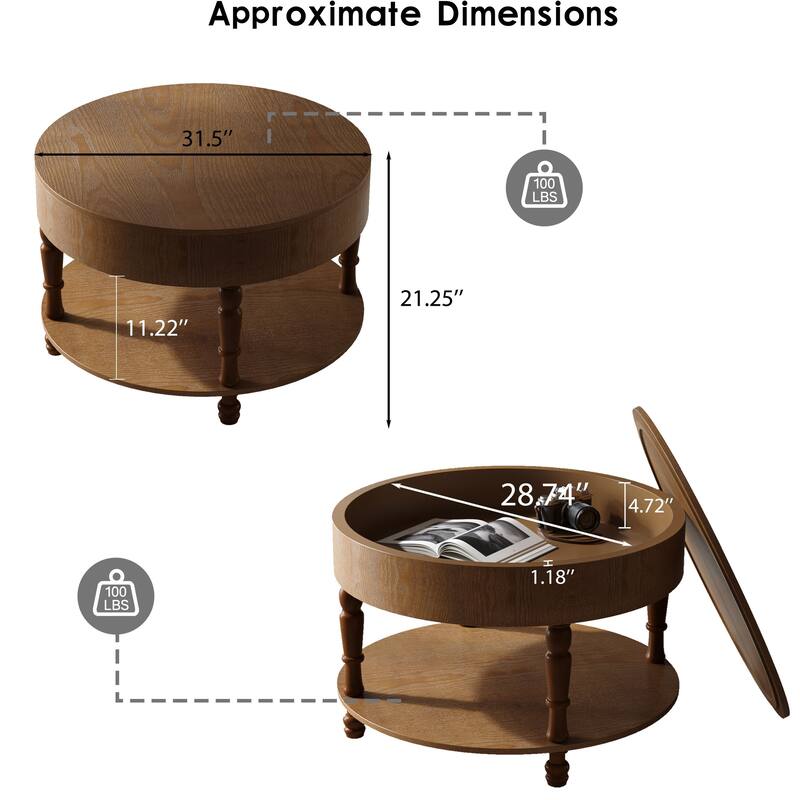 31.5" Modern Round Flip-top Coffee Table with Hidden Compartment