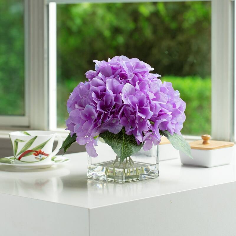 Silk Pink Hydrangea Artificial Flowers in Vase with Faux Water, Silk Flower Arrangements in Vase for Home Decor, Wedding Table