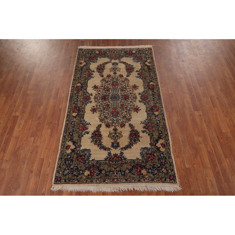 Vegetable Dye Kerman Vintage Persian Area Rug Hand-Knotted Wool Carpet - 4'0" x 7'1"