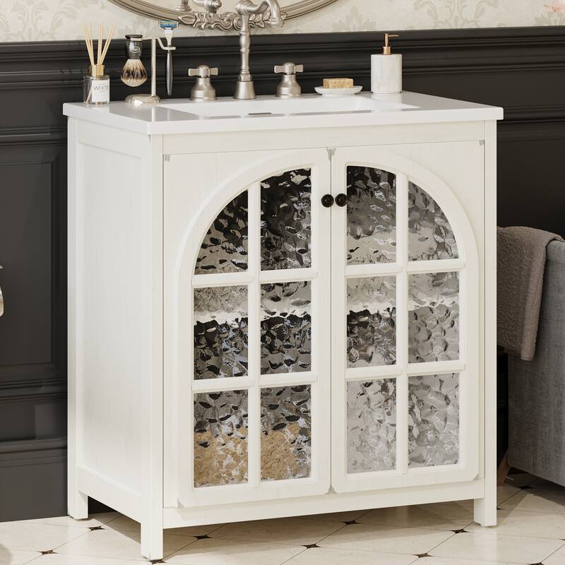 31" Farmhouse Bathroom Vanity with Ceramic Sink, Vintage Rustic Bathroom Cabinet with Bronze Pulls and 2 Soft-Closing Doors - Antique White