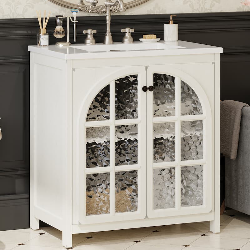 Roomfitters 31" Farmhouse Bathroom Vanity with Ceramic Sink, Rustic Cabinet with Bronze Pulls and Soft-Closing Doors