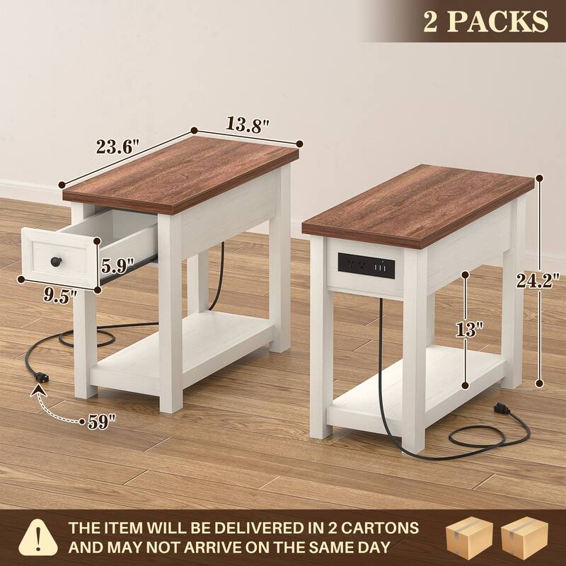 Farmhouse End Table with Wood Drawers and Charging Station, Sofa Side Table, Nightstand