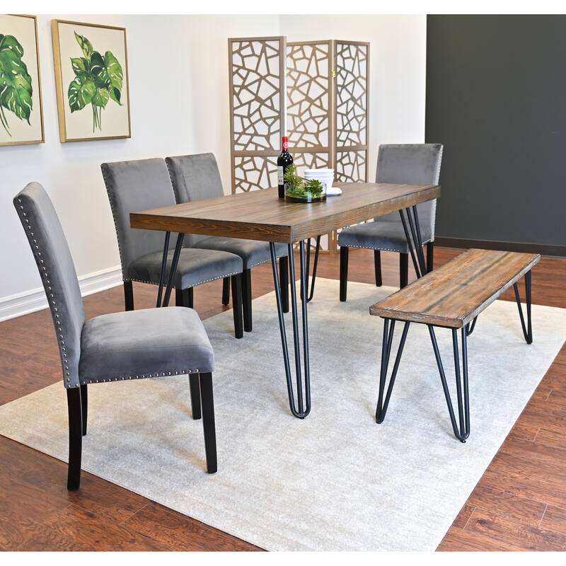 Industrial Style 6-Piece Dining Set with Rectangular Table, 4 Velvet Upholstered Dining Chairs and Bench