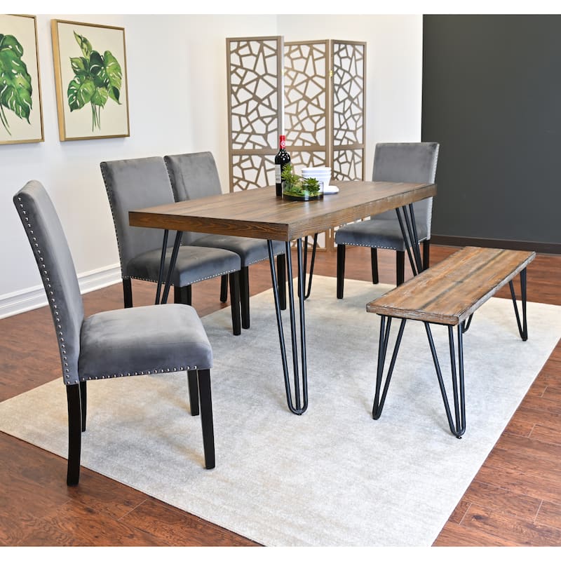 Roundhill Furniture Ashzo 6-Piece Dining Set, Hairpin Dining Table with 4 Chairs and Bench