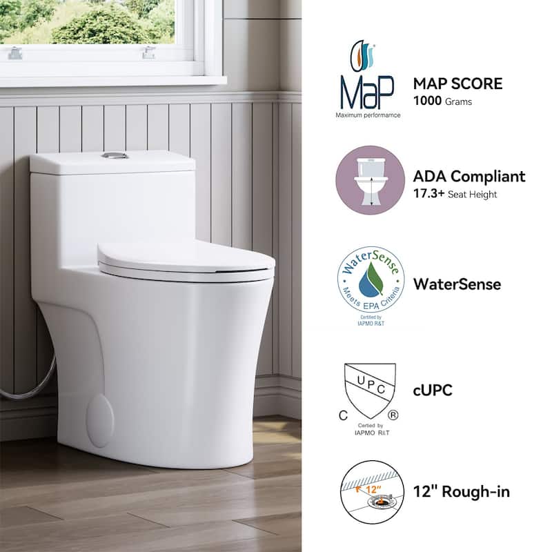 HOROW One Piece 0.8/1.28 GPF Dual Flush Elongated Matte White Toilet with ADA Height and Soft Close Seat - N/A