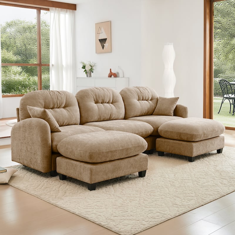 GDF Studio - Nina Modular Modern Chenille U-Shaped Sectional Sofa with Ottoman and 2 Soft Throw Pillows