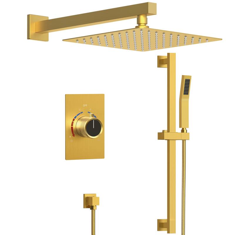 Slide Bar High-Pressure Balancing Shower System 10" Rainfall Shower Head with Handheld Shower - Brushed Gold