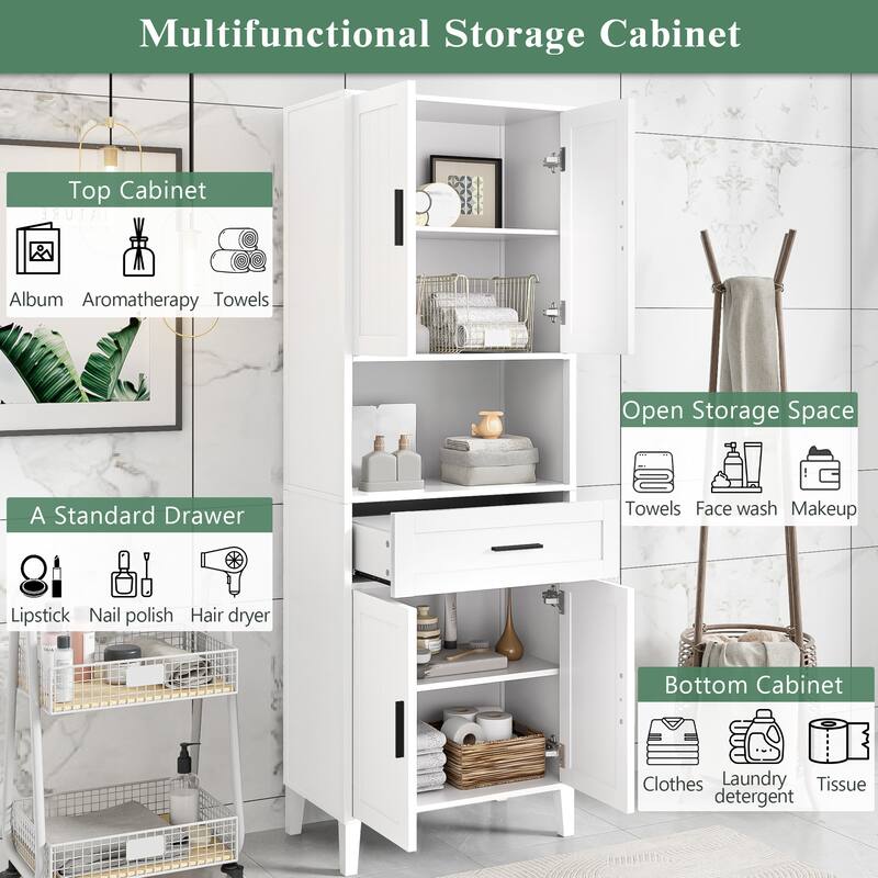 70.9" High Freestanding Tall Bathroom Cabinet with a Drawer, 2 Cabinets, 4 Soft-Close Doors, 2 Adjustable Shelves, Open Storage