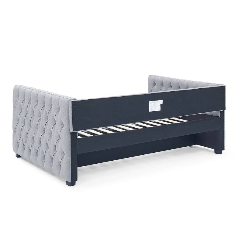 Tufted Daybed Upholstered Frame Sofa Bed with Button Copper Nail on Square Arms, and Pull-out Trundle Bed or Storage Drawers