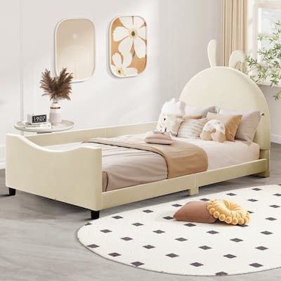 Stylish Lovely Twin Size Velvet Upholstered Platform Bed Frame with Unique Decorated Headboard
