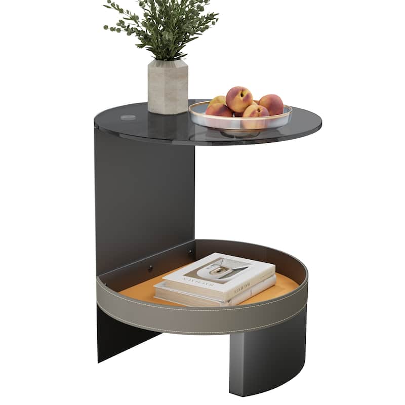 2-Tier Round Side Table Tempered Glass Top Handicraft Saddle Leather Basket
