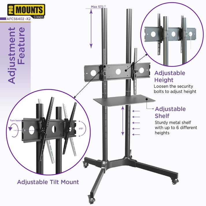 ProMount Premium Rolling TV Stand with Mount and Adjustable Shelf for 32"-72" TVs, Holds up to 110lbs