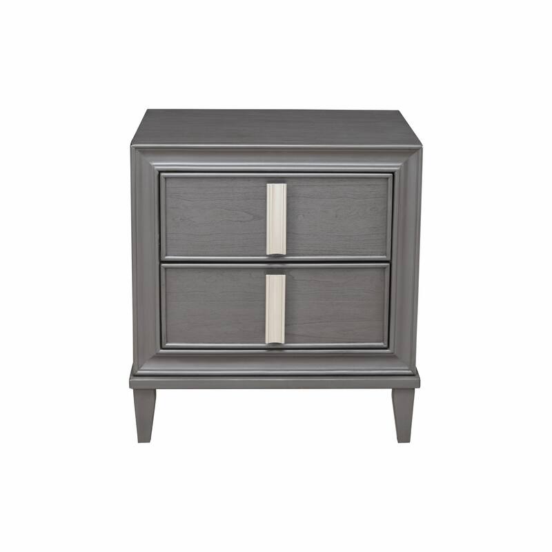 Dark Grey Solid Wood 2-Drawer Rectangular Nightstand with Metal Accents