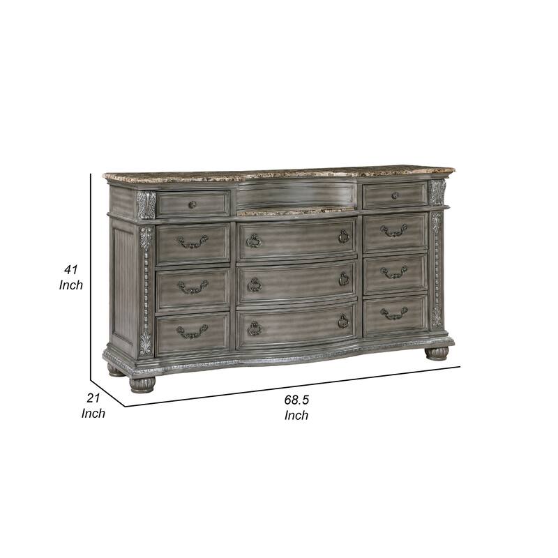 Toga 69 Inch Dresser with 11 Drawers, Gray Acacia Wood, Carved Details