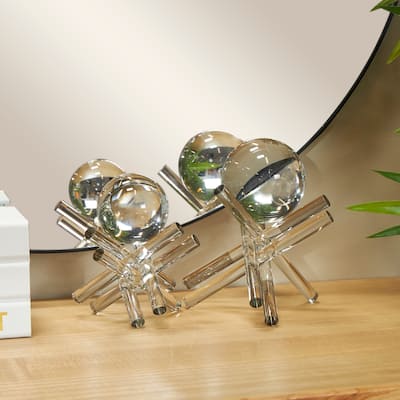 Clear Crystal Jack Inspired Abstract Decorative Sculpture with Clear Resting Orbs (Set of 2)