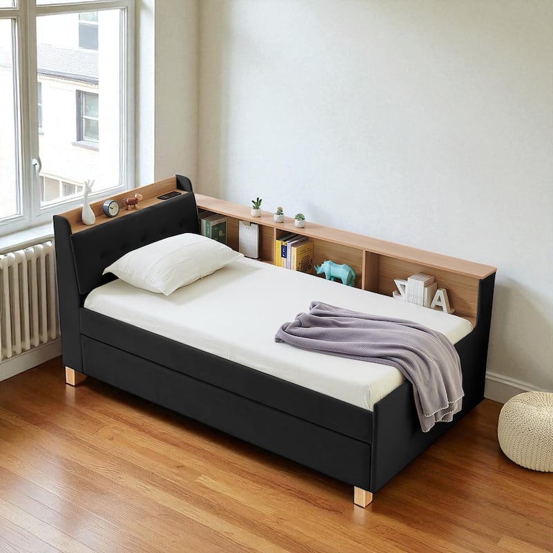 Twin Size Velvet Upholstered Daybed with Storage Headboard, Pop-up Trundle, LED Lights & Wireless Charging - Black - Twin