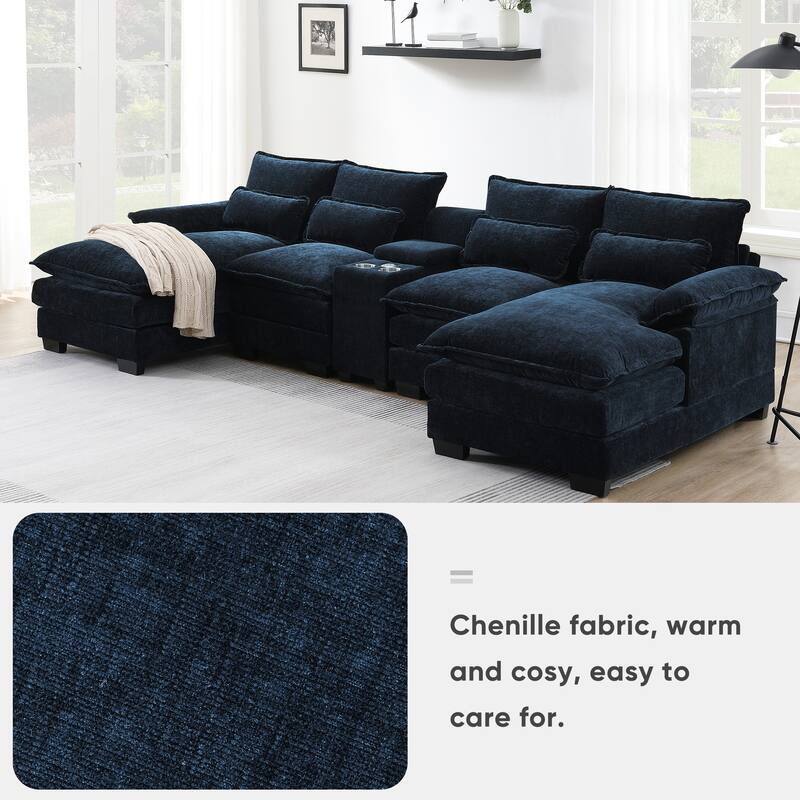 U-shaped Chenille Sectional Cloud Sofa w/Console, Cup Holders, USB