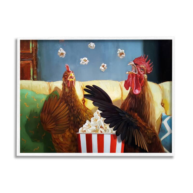 Stupell Rooster Chicken Tossing Catching Popcorn Movie Night Framed Wall Art - Multi-Color - 20 x 16 - White