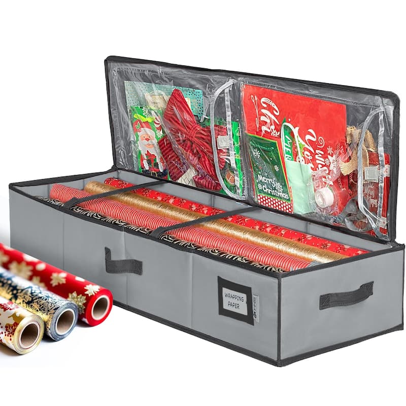 HOLDN' STORAGE Wrapping Paper Storage Container, Fits 27 Rolls Gift Wrap, Extra Pockets for Ribbons & Bows, Underbed Storage - Grey 