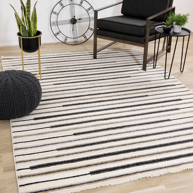 Cali Collection - Black/Cream Beige Symmetrical Stripes Rug