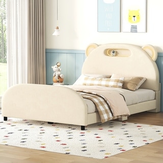 Full Size Upholstered Platform Bed with Bear-Shaped Headboard and Embedded Light Stripe, Velvet Low Bed Frame for Boys, Girls
