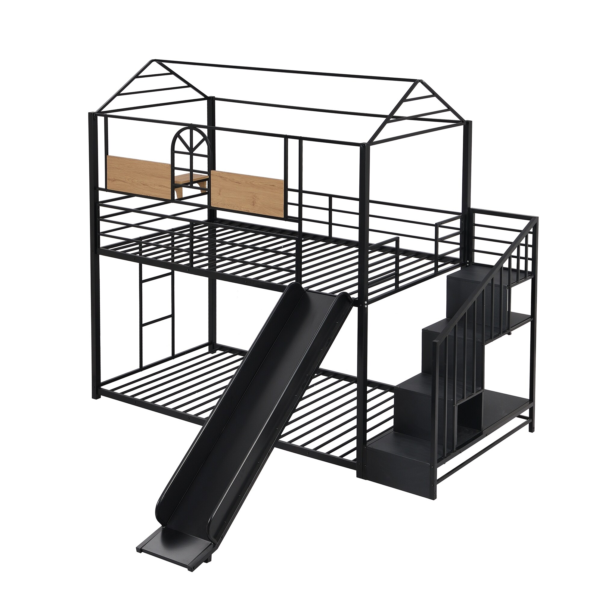 ン 大人気 新品 ノ Twin Over Twin House Bunk Bed with Slide and Storage Stair テント・タープ