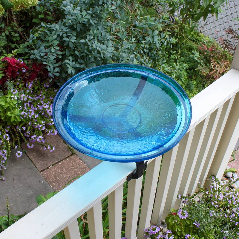Achla Designs 14"Dia. Round Crackle Glass Birdbath w/Black Wrought Iron Over Rail Bracket