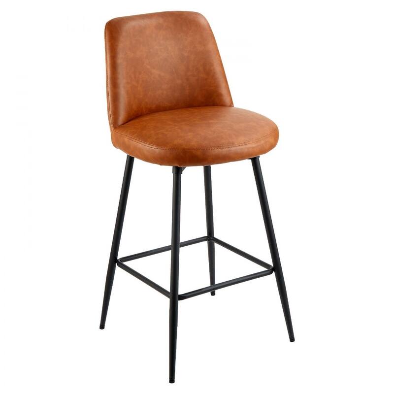 Brown PU Leather Cushion Swivel Counter Height Bar Stool with Iron Pipe Frame and Footrest for Kitchen Island